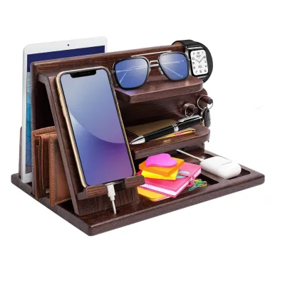Wholesale Vintage Style Wood Nightstand Organizer Key Holder Wallet Stand Phone Docking Station for Men Standing Type