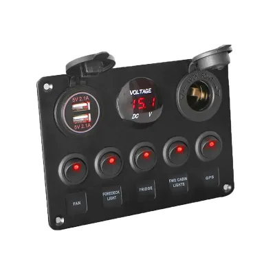 AGE Marine Boat RV DC 12V Input 5 Pin Blue LED ON-OFF 4.2A USB Socket Waterproof 5 Gang Rocker Switch Panel Aluminium+ ABS+