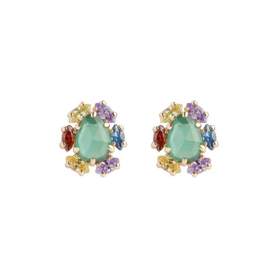 925 Sterling Silver 14K Gold Plated Gemstones Colourful Rainbow Red Garnet Natural Green Chalcedony Crystal Earrings