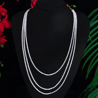 Female Extra Long Three Layer Chain Zirconia Inlaid Sweater Tennis Necklace for Bridies Jewellery Accessories