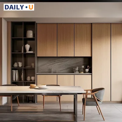 Custom Two-Tone Modern Bar Cabinet Contemporary Wood Panel Storage Wall Mount 5+ Compartments Stainless Steel Handles for Homes