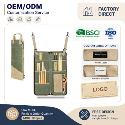BSCI Factory 12oz Waxed Canvas Drumstick Bag with Tom Hooks PU Leather Trim Drum Stick Mallet Gig Case Bulk