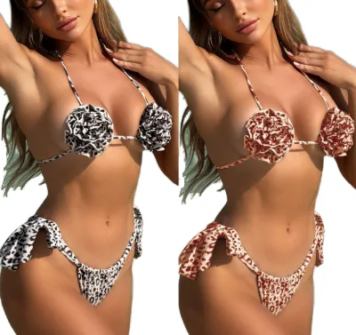 New Leopard 3D Flowers Halter Bikini Women's Two-Piece Swimwear Set Strappy Waist Logo Eco-Friendly