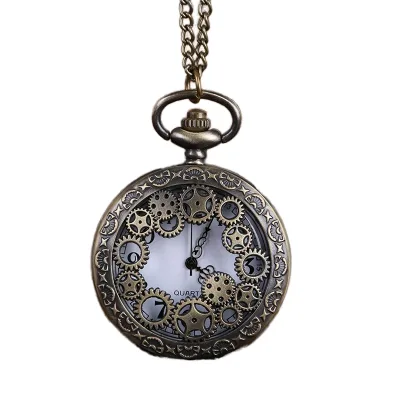 Antique Style 47MM Alloy Case Hollow Pocket Watch with Quartz Bronze Pendant Chain