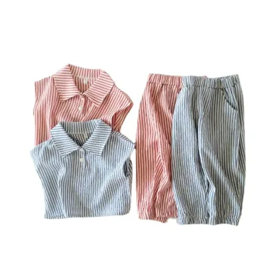 Summer Linen Cotton Children's Striped Sleeveless Suit Summer Casual Girl Sleeveless Pant Set Girls Simple Two-piece Suit