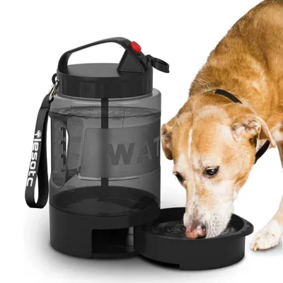 Black Travel Dog Bowl Waterproof Outdoor 2-in-1 Large Pet Water Bottle with Portable Strap Pull-Out Food & Water Bowl Combo