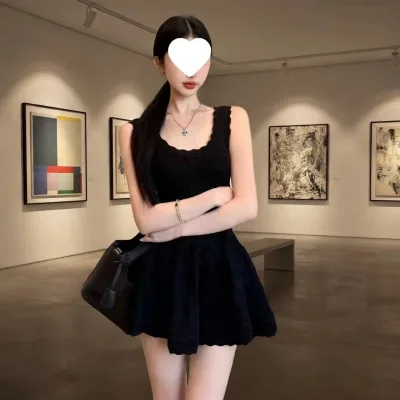 Elegant Black Hollow Knit Women's Sleeveless Scalloped Edge Slim Fit Flared Skirt Mini Dress Summer Casual Party Drop Shipping