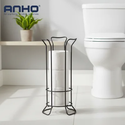 Matte Black Iron Floor Standing Toilet Paper Holder Large Capacity Freestanding Tissue Rack for Bathroom