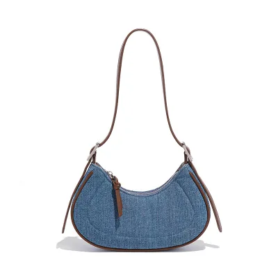 Retro High-End Texture Women's Shoulder Crescent Bag Polyester Color-Blocking Denim Underarm Bag
