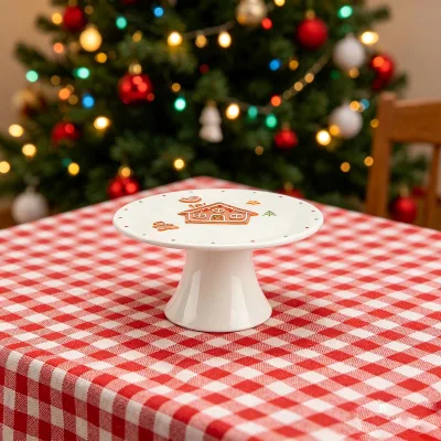 Ceramic White Christmas Cake Stand with Gingerbread House and Snowflake Pattern Pedestal Dessert Display for Home Kitchen