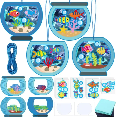24 Sets Fishbowl Paper Crafts for Kids Summer Fish Tissue Paper Sign Craft Kit Make Your Own Aquarium DIY Paper Craft
