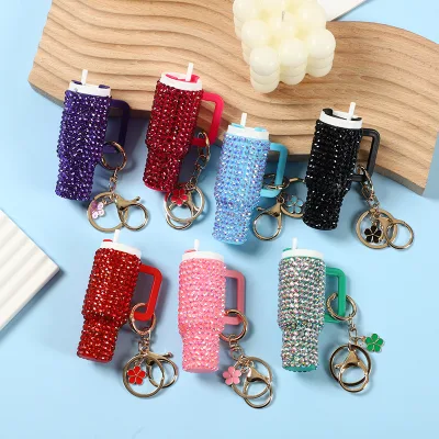 New Designs Portable Lipstick Storage Pendant Full Diamond Mini Ice Cup Keychain Sparkling Rhinestone Tumbler Shaped Bag Charm