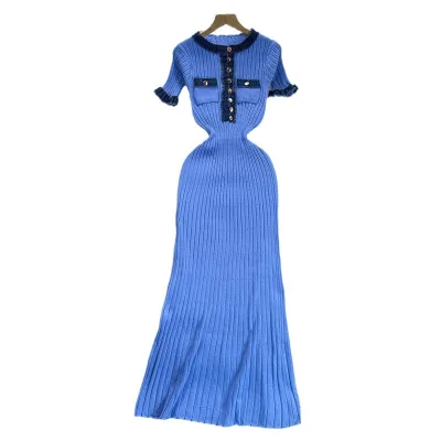 Color Block Round Neck Metal Buttons Slim Knit Dress Elastic Tight Fit Hip Sweater Long Dresses