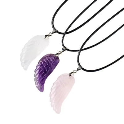 Hand Carved Healing Stone Crystal Amethyst Tiger Eye Obsidian Angel Wing Charm Pendant for Jewelry Making Pendants