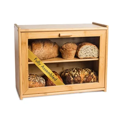 Farmhouse Two Tier Wooden Storage Box Bamboo Bread Box With Clear Lid