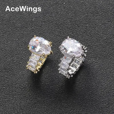 R017 Iced Out Pear Cut Cubic Zircon Tennis Ring -Gold Plated Brass, Full Eternity Band, Hip Hop Engagement Jewelry for Men Women