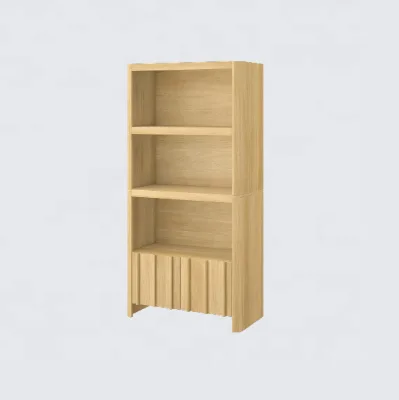 Light Oak Tall Bookshelf Fluted Ribbed Closed Base Open Storage Bookcase Freestanding Wooden Display Cabinet