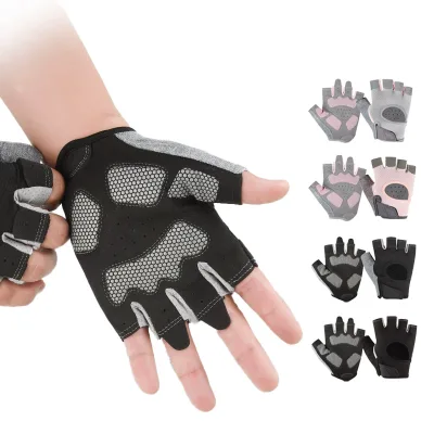 Summer Breathable Quick-Drying Cut-Out Palm Shock-Absorbing Padding Half Finger Polyester Hook Loop Closure Fitness Bike Cycling