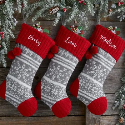 Knit Snowflake Monogram Christmas Stocking Custom Red Knitted Cuff Christmas Stocking Holiday Gift Stocking