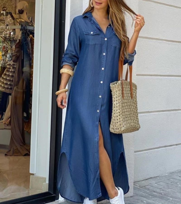 Custom  Women Long Sleeve Shirt Dress Autumn Printed Long Dresses Turn-down Collar Loose Sundress Party Dresses