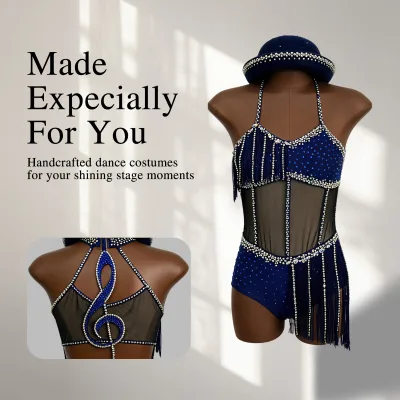Blue Fringe Latin Jazz Dance Costume Rhinestone Halter Mesh Back Music Festival Outfits Women Club Party Performance Adults