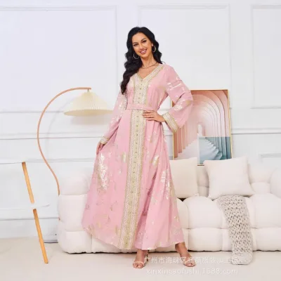 New Elegant Pink Polyester Abaya for Plus-Size Muslim Women European American Cross-Border Foreign Trade Anti-Static for Autumn