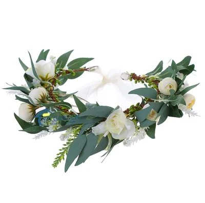 Bride Silk Floral Wreath Garlands Headdress Hair Band Artificial White Flower Crown Decoration Wedding Graduation Christmas