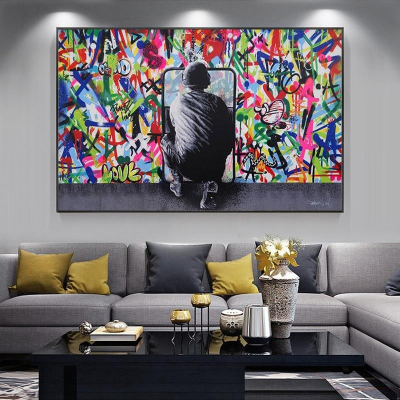 Modern Graffiti Art the Boy Canvas Painting Behind the Shield Posters and Prints Wall Art Picture
