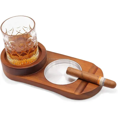 Cigar Ashtray Coaster Whiskey Glass Tray Holder Wooden Cigar Ashtray Slot Hold Cigar Rest Accessory Set Gift
