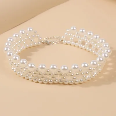 Bohemian Imitation Pearl Necklace Exaggerated Braided Clavicle Necklace Hand Braided Pearl Necklace Jewelry for Women Gift