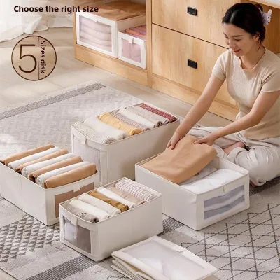 Household Japanese Style Fabric Storage Box Cotton-Linen Dustproof Foldable Portable 30-40L Capacity Clothing Organizer Tidying