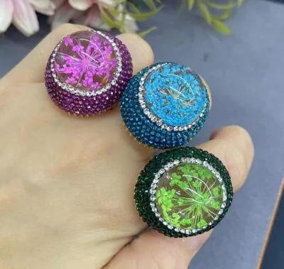 Semijoias Natural Crystal Ball Eternal Flower 18K Real Gold Adjustable Ring