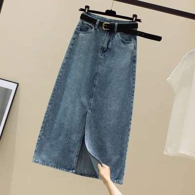 T26608 Women's High Waist A-Line Denim Under Skirt Streetwear Breathable Polyester/Cotton Midi Length Pockets Washed(no Belt)