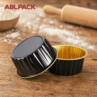 Black Gold Coated Pulp Moulded Aluminum Foil Disposable Baking Cups Plastic Lid 125ml Capacity Oven Microwave Safe Cake Dessert