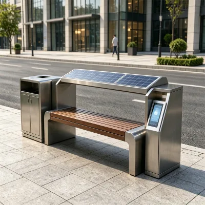 Heavy Duty Metal Solar Bench with Integrated Charging Station and WiFi for School Campus and Public Parks.