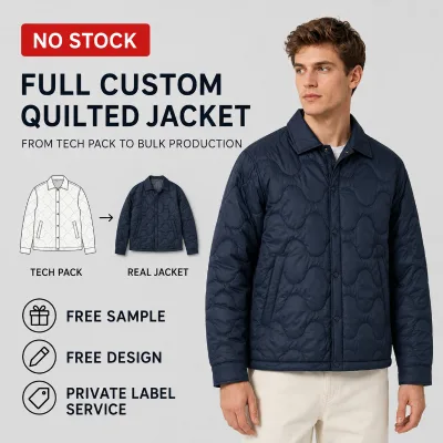 Private Label Jacket Men Navy Blue Nylon Padded Shirt Collar Snap Button Quilted Winter Outdoor Insulated Jacket