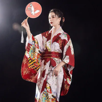 Women's Elegant Japanese Kimono Sexy Yukata with Obi Cosplay Costume National Novelty Evening Dress Printed Flower Geisha Gown