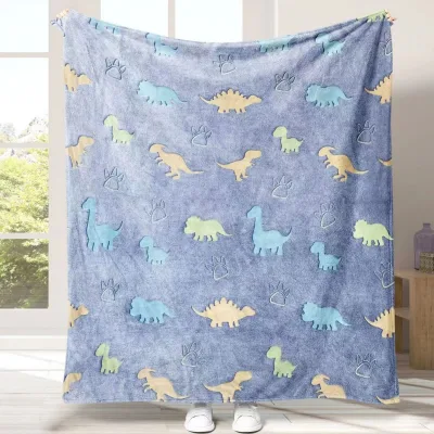 Dinosaur Glow-in-the-Dark Fluorescent Children's Flannel Blanket Customizable Polyester Material for Air Conditioning Office