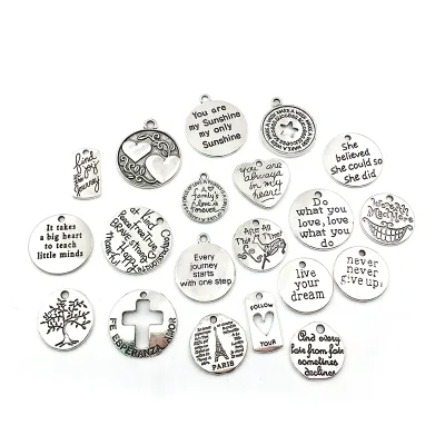 925 Sterling Silver Round Inspired Message Charms Tags Inspirational Quotes Charms Silver