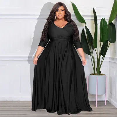 European and American Explosions Plus Size Women's Solid Color V-neck Sexy Wedding Dress Dress