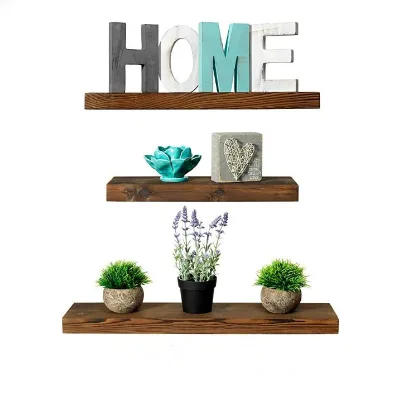 Rustic Farmhouse 3 Tier Floating Wood Shelf - Floating Wall Shelves (Set of 3), Hardware and Fasteners Included (Walnut, 3 Tier)