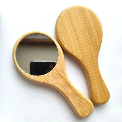 Private Logo Long Handle Natural Wood Round Square Portable Compact Cosmetic Make up Mirrors