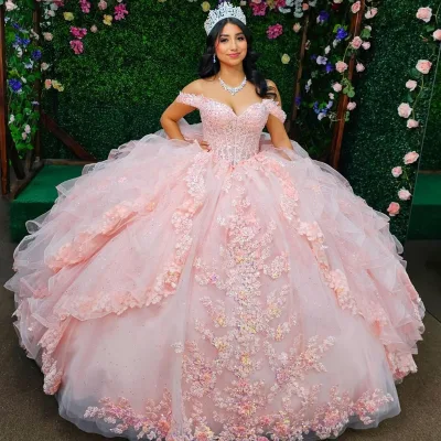 Customized Pink Quinceanera Dress Ball Gown Shiny Applique Beading Bow Mexico Corset Sweet 16 Vestidos De 15 Anos