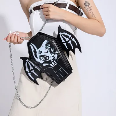 Personalized Shaped Vegan Leather Gothic Purse Custom Printing Pattern  Dark Devil Wings Coffin Shape Chain Strap Backpack