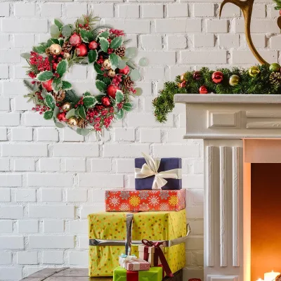 Christmas Wreath Decorative Outdoor Hanging Artificial Leaves Red Berries Pinecone Snow Branch Christmas Garlands Wreaths