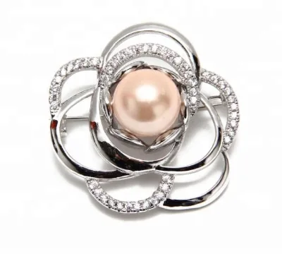 Fashionable Sterling Silver Freshwater Pearl Lab Made Rose Diamond Women Brooch