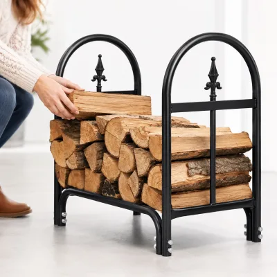 Black Metal Firewood Storage Rack with Fleur De Lis Design Decorative Log Holder for Hearth Firewood Storage