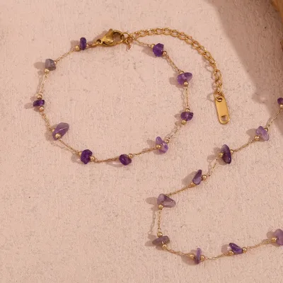 Hot Selling Purple Crystal Beaded Chain Bracelet Natural Stone Anti Tarnish 316L 18K PVD Jewelry Fashion Bangle Jewelry