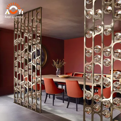 Vertical Oval Hollow Brushed Champagne Metal Partition Screen Inlaid Round Cut Crystal Beads Freestanding Room Divider Light