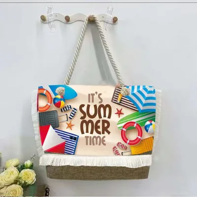 Summer Outfit Women's Beach Shoulder Tassel Polyester Canvas Zipper Closure Large Capacity Tote Bag for Travel